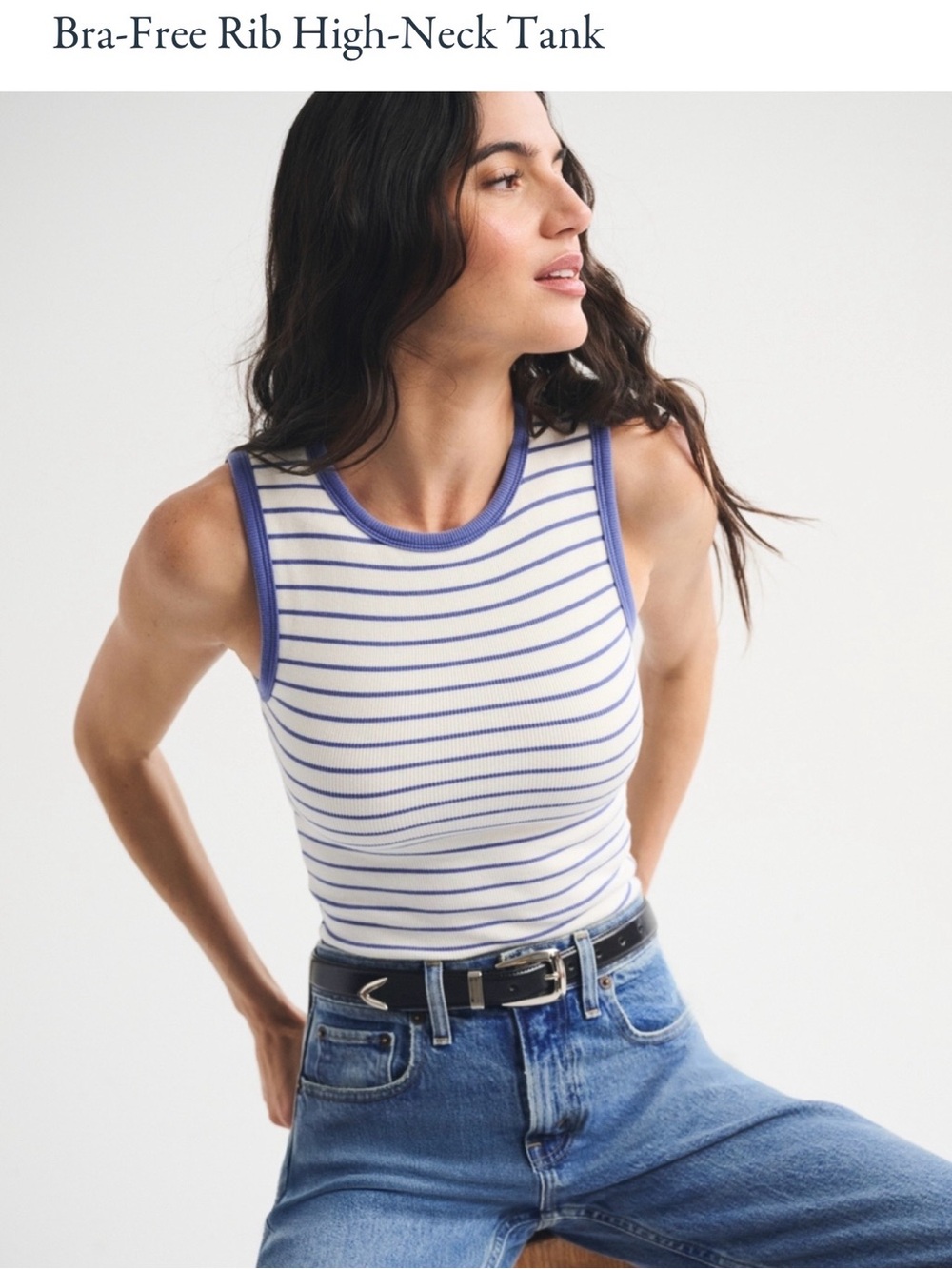 Abercrombie & Fitch White and Blue Striped Ribbed High-Neck Tank